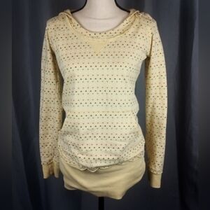 Yellow hooded sweatshirt with pink, purple, and blue heart pattern, size M